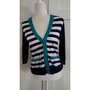 Emmelee Cardigan Sweater Medium Navy White Stripes Teal Accent